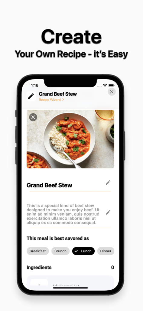 Mojave - Food - Mojaveアプリのレシピ作成ツールが表示されたスマートフォン画面、ビーフシチューのレシピと食事の種類カテゴリ付き