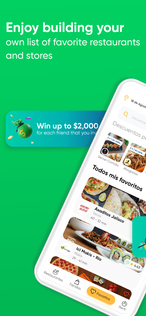 876get - Screenshot of 876get app showing favorite restaurants and stores list with a referral program banner