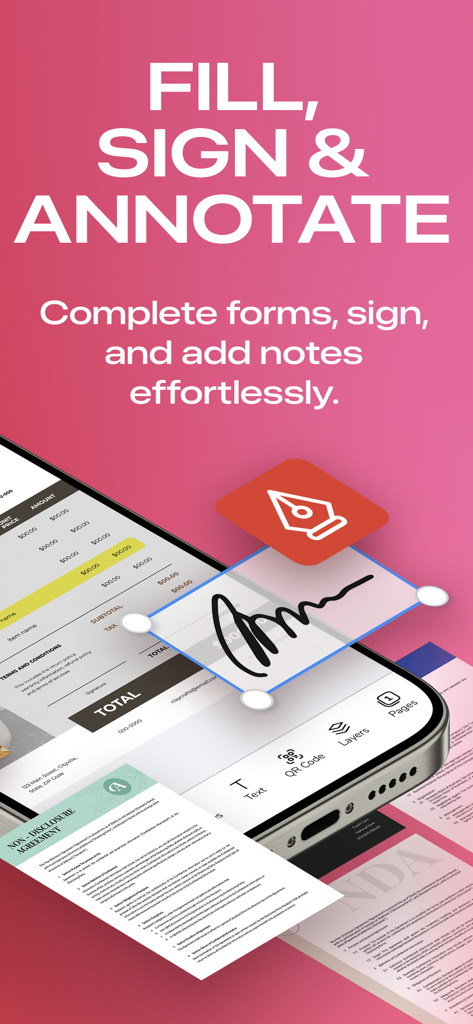 PDF Editorモバイルアプリケーションの記入、署名、注釈機能をNFCが示すスマートフォンの画面
