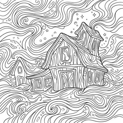 Unleash your creativity with this mesmerizing psychedelic barns coloring page. Immerse yourself in a world of swirling lines and surreal rural charm, ready for your vibrant imagination.