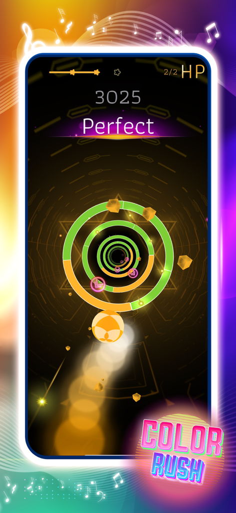 Color Rush: Smash Rhythm 3D - Gameplay screenshot of Color Rush Smash Rhythm 3D showing a ball bursting colorful rings with a Perfect score notification.