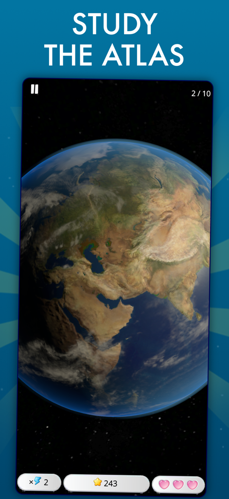 World Geography Trivia Quiz - Una pantalla interactiva 3D del globo terrestre en el modo Estudiar el Atlas de la aplicación Cuestionario de Geografía Mundial.