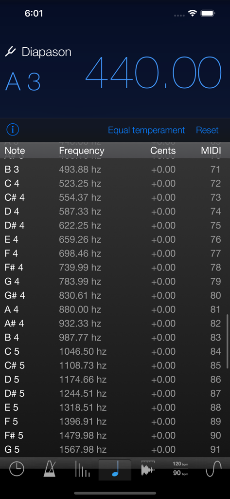 MusicMath - A professional tool interface showing a detailed table of musical notes, their frequencies in Hertz, cents, and MIDI numbers.