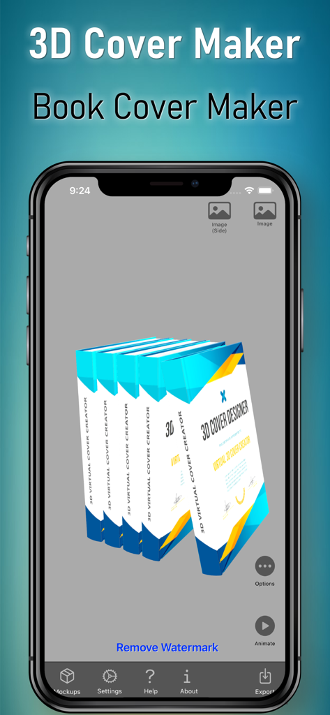Interfaz de la aplicación creadora de portadas de libros 3D que muestra mockups de libros profesionales en la pantalla de un smartphone