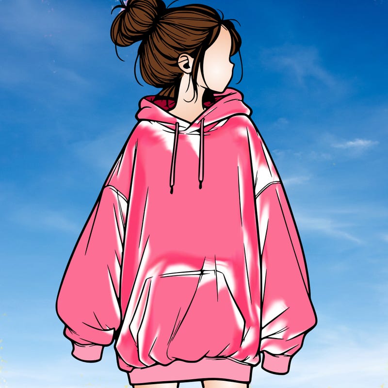 realistic girl with a oversized sweatshirt on and a bun
