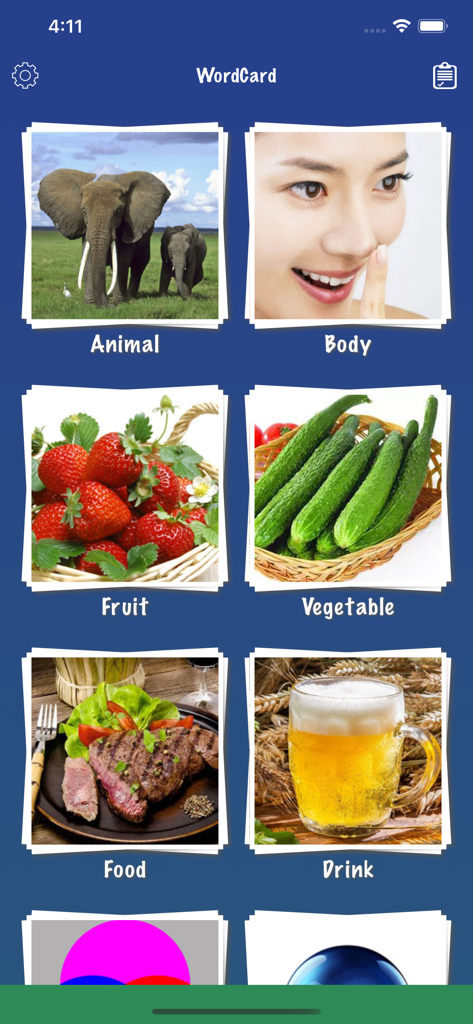 Spanish Word: Basic Vocabulary - 動物、身体、果物、食べ物など、説明的な画像カードと共に様々な語彙カテゴリーを表示しているスペイン語単語アプリのインターフェース。