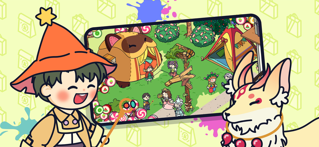 Topia City Life: Avatar World - Un'anteprima colorata del gameplay di Topia City Life che mostra personaggi simpatici e una tenda a tema gatto in un parco.