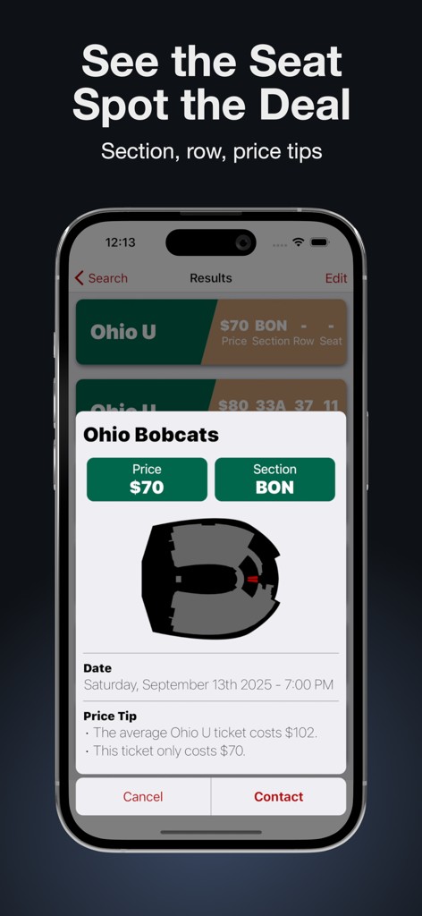 TicketBay mobile App zeigt einen ermäßigten Ticketpreis von siebzig Dollar für ein Spiel gegen die Ohio Bobcats mit einer Stadion-Sitzplatzkarte und Preistipps.