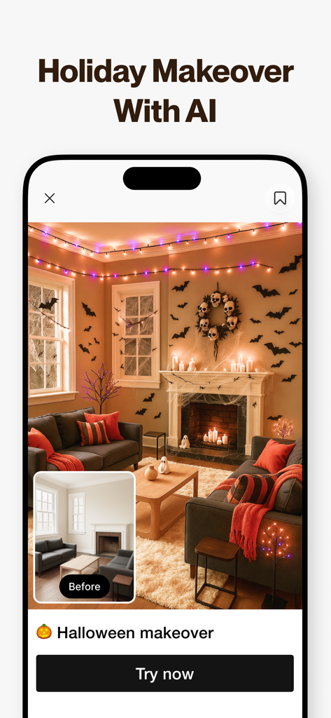 AI Home Design: Decofy - AI-generated Halloween living room makeover with bats and skull decorations