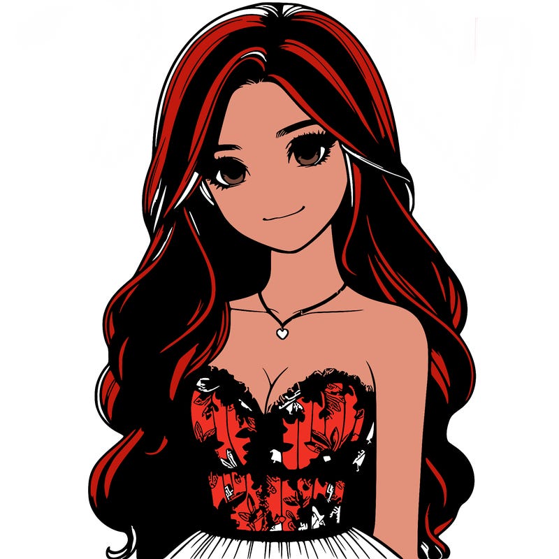 realistic girl with long hair and pretty prom dress