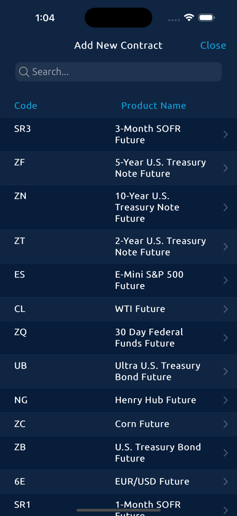 CME Direct mobile app screen for adding new futures contracts like SOFR and Treasury notes