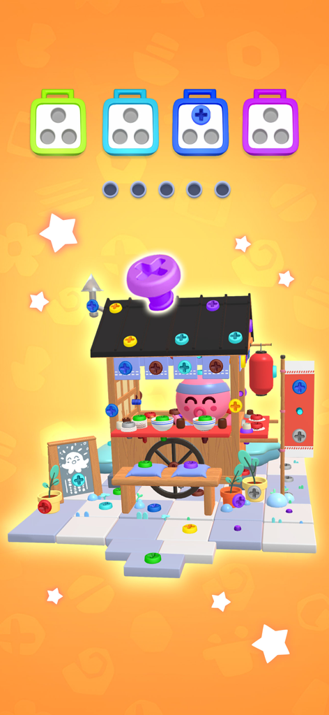 Screw Sort Puzzle™-Pin Jam 3D - Gameplay screenshot of Screw Sort Puzzle featuring a cute 3D octopus food stall and colorful screws to sort