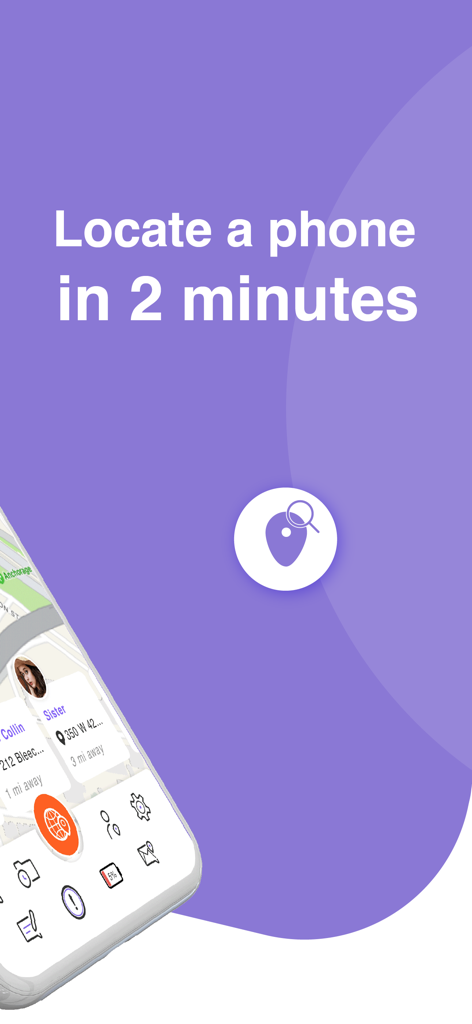 Friend Tracker app screen displaying the text Locate a phone in 2 minutes with a map and contact details