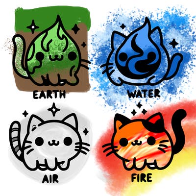 4 cats that represent the different elements, earth, water, air, and fire