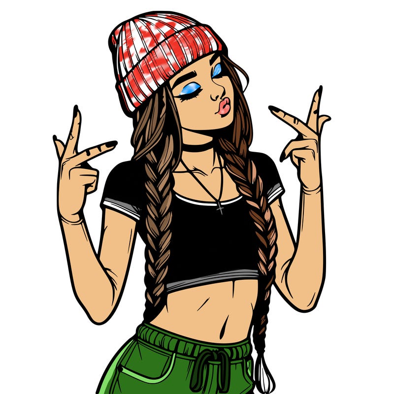 realistic teenage girl with braids and a beanie and crop top doing 🫶🏼