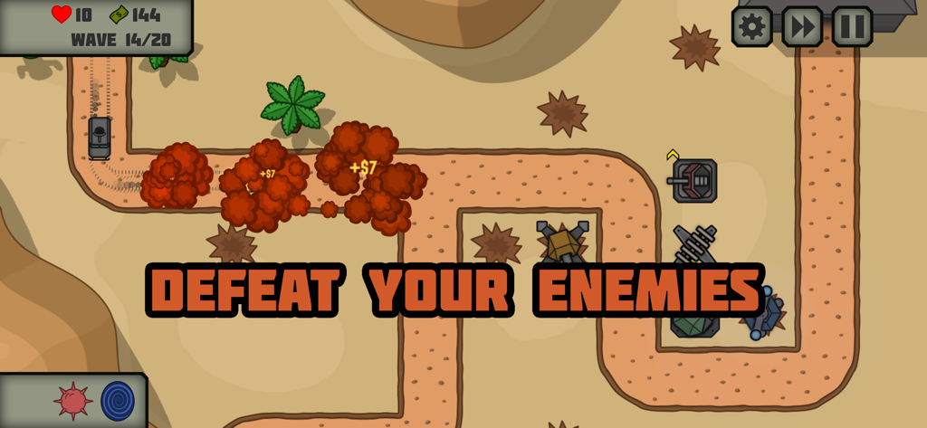 Tactical War: Tower Defense - Tactical War Tower Defense gameplay screenshot showing towers attacking enemies on a desert map