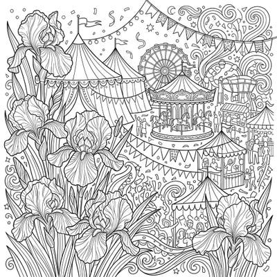 Discover a whimsical world where elegant white irises flourish amidst the joyous chaos of a bustling carnival. This unique coloring page offers a delightful escape into a scene brimming with charm and festivity.