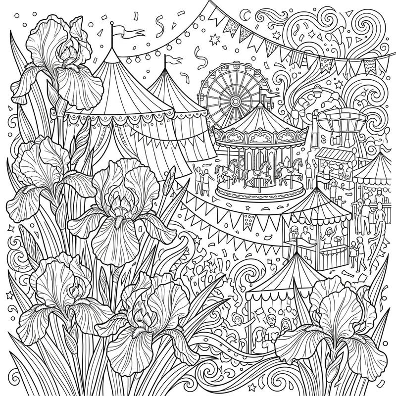 Discover a whimsical world where elegant white irises flourish amidst the joyous chaos of a bustling carnival. This unique coloring page offers a delightful escape into a scene brimming with charm and festivity.