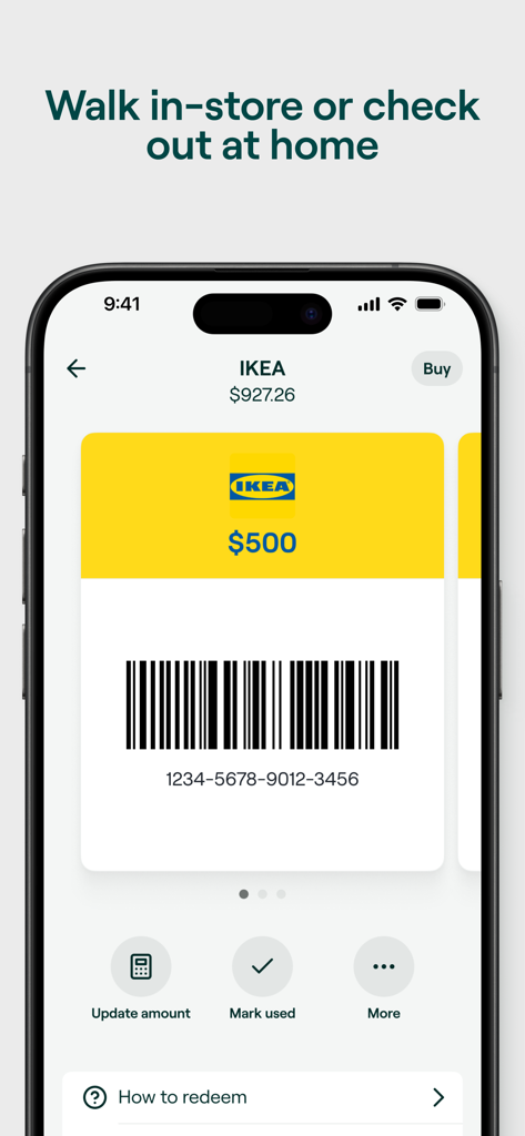 Bitrefill: Gift Cards & eSIM - Captura de tela do app Bitrefill mostrando um cartão-presente digital da IKEA com um código de barras para check-out na loja ou online