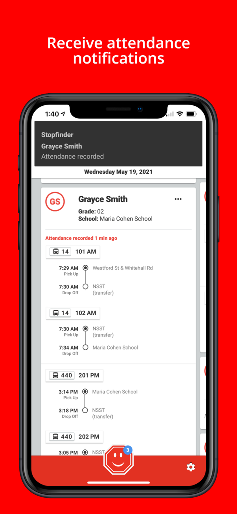 Stopfinder app screen showing student attendance notifications and bus schedule timeline