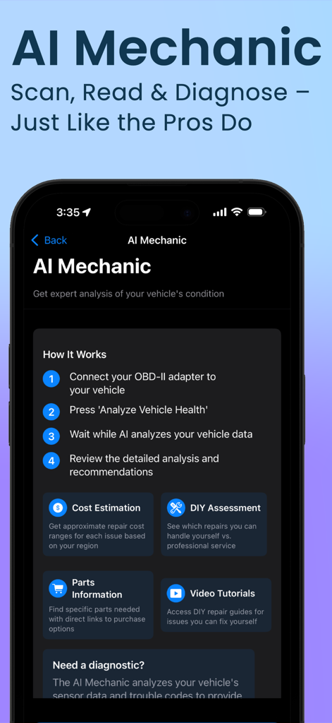 Torque Pro : OBD2 Car Scanner - Interfaccia AI Mechanic dell'app Torque Pro che mostra analisi diagnostiche del veicolo passo dopo passo e raccomandazioni di riparazione