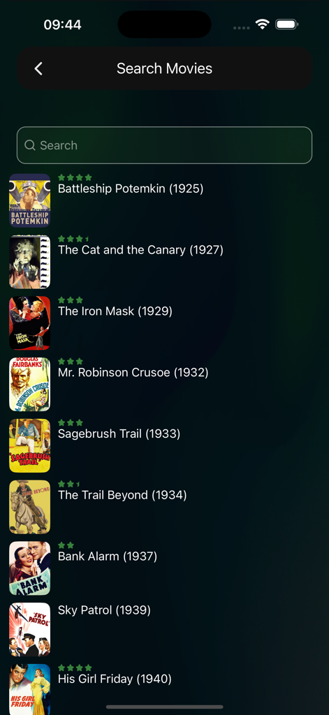 WPlay Mobile - WPlay Mobile app movie search screen showing a list of classic films with posters and ratings
