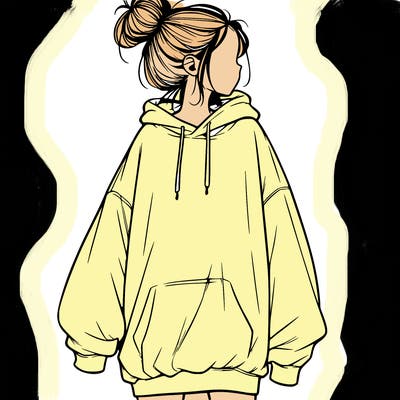 realistic girl with a oversized sweatshirt on and a bun