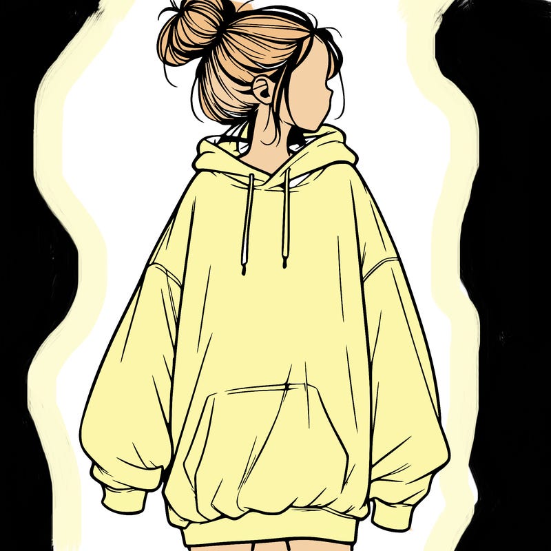realistic girl with a oversized sweatshirt on and a bun
