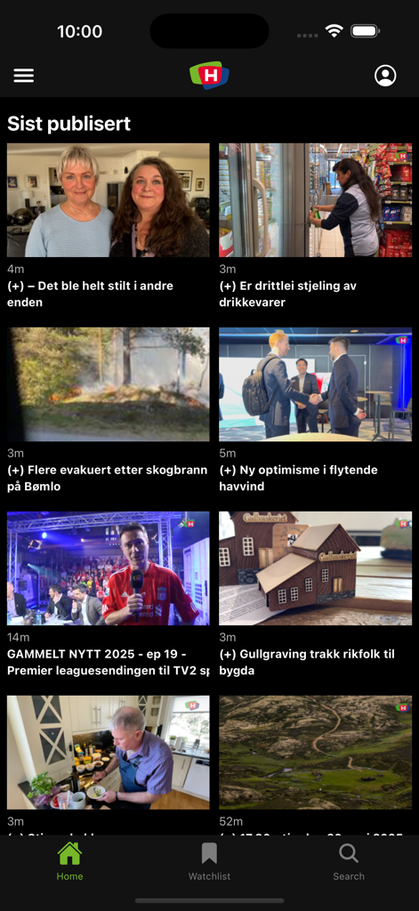 TVH - TV Haugalandモバイルアプリのインターフェース。最新のローカルニュースビデオとレポートが表示されています。