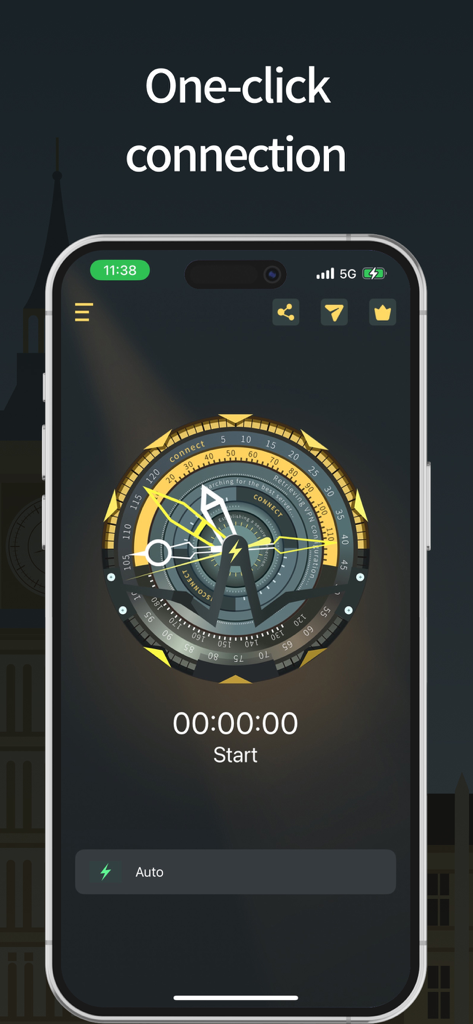 Hit VPN Unlimited app interface showing a one click connection dial on an iPhone