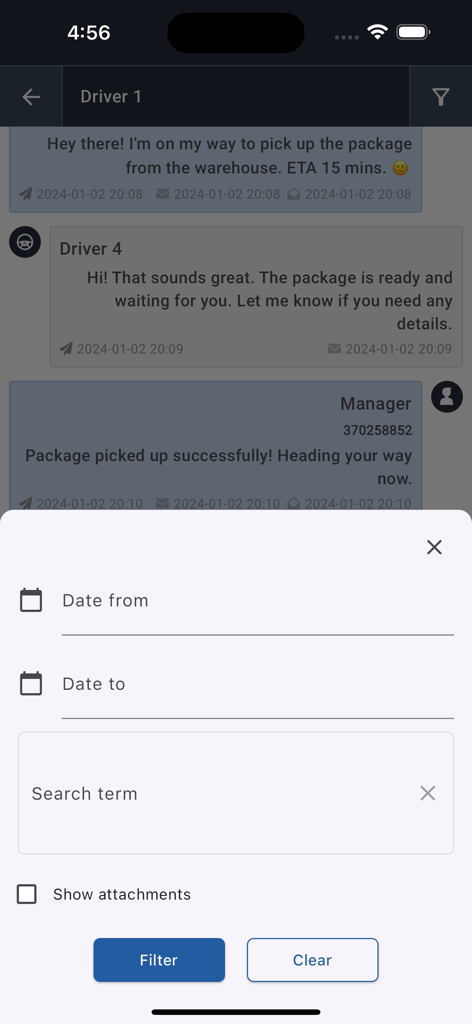 Fleethand - Interface of Fleethand app showing a chat log between a dispatcher and drivers with a message filter overlay.