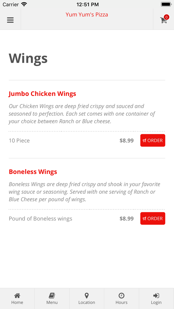 Mobile app menu screen for Yum Yum's Pizza showing options for jumbo and boneless chicken wings with prices and order buttons