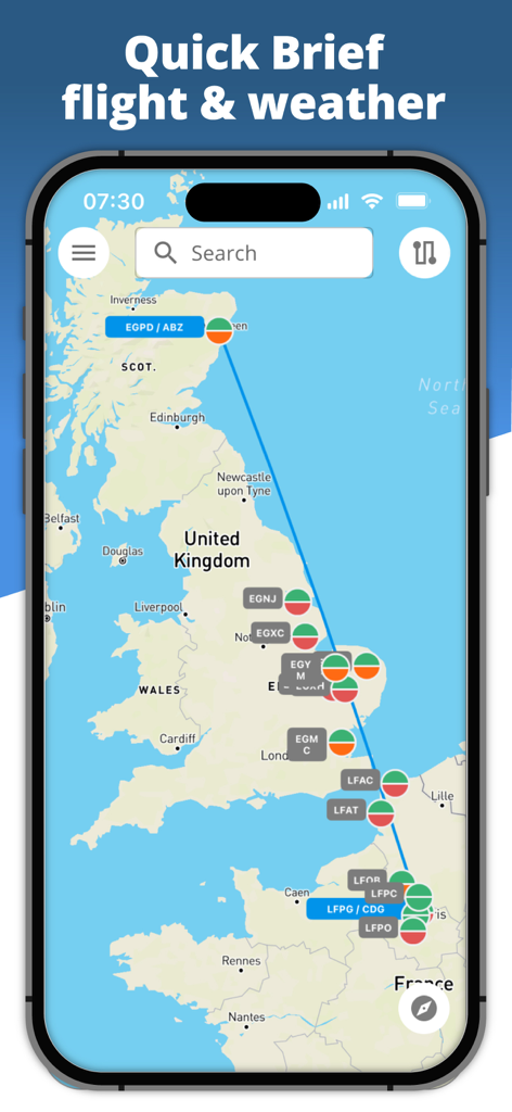 La aplicación Airfield Watch muestra la función de Resumen Rápido con una ruta de vuelo del Reino Unido a Francia e iconos meteorológicos de aviación codificados por colores en un mapa