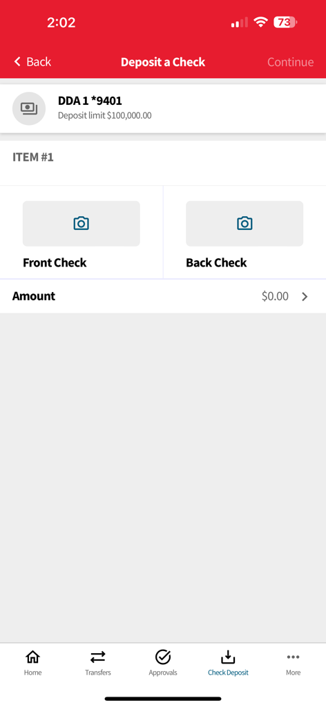 BHI Connect mobile app interface for remote check deposit showing a 100000 dollar deposit limit