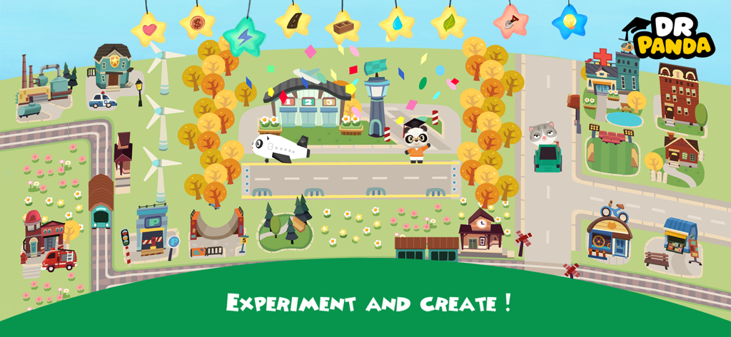 Hoopa City - A colorful cartoon city landscape with an airport, wind turbines, and various buildings in the Hoopa City app.