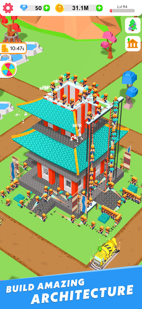 A large traditional pagoda under construction with many workers in the Idle Construction 3D mobile game