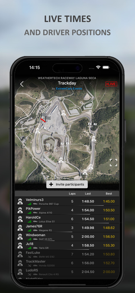 LapTrophy live tracking screen showing driver positions on Laguna Seca circuit and a real-time session leaderboard