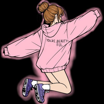 realistic girl jumping with a bun and oversized sweatshirt