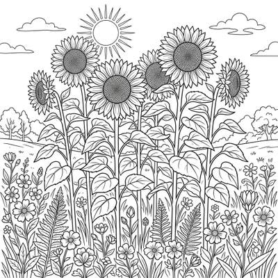 Embrace the beauty of spring with this stunning coloring page featuring a field of towering sunflowers. Surrounded by delicate wildflowers and lush foliage, it offers a delightful canvas for your creative expression.