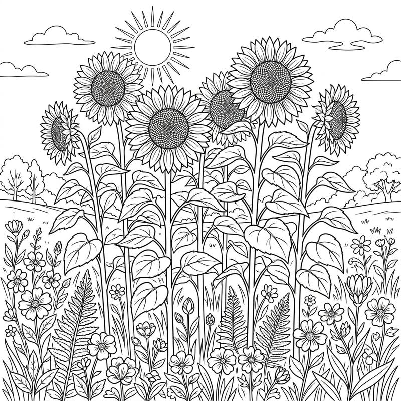 Embrace the beauty of spring with this stunning coloring page featuring a field of towering sunflowers. Surrounded by delicate wildflowers and lush foliage, it offers a delightful canvas for your creative expression.
