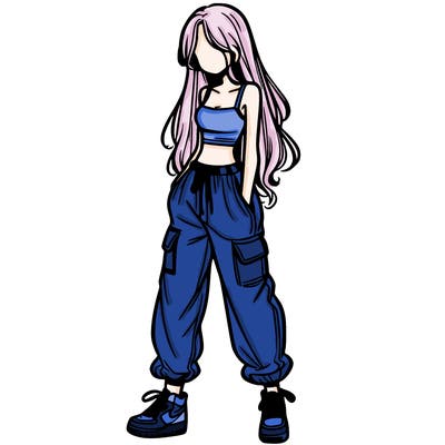 girl in baggy pants crop top and long hair