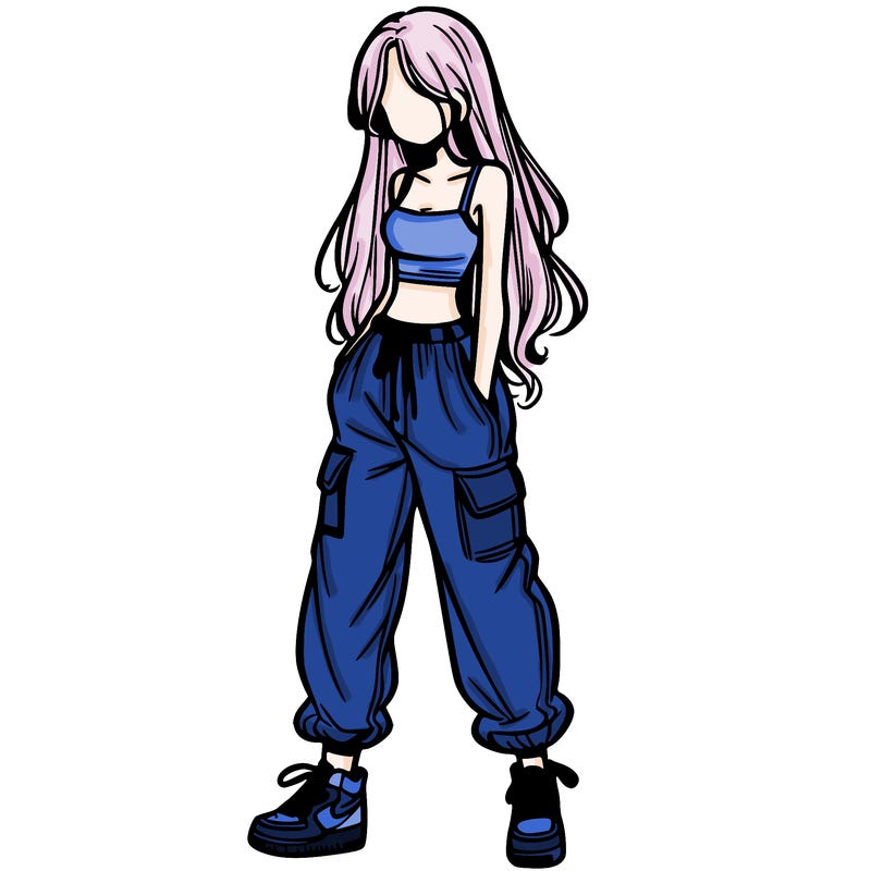 girl in baggy pants crop top and long hair