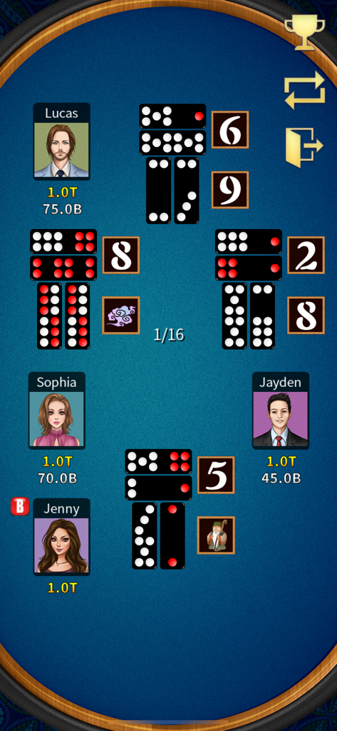 Pai Gow (Deluxe) - Un écran de jeu de tuiles Pai Gow numérique montrant quatre joueurs et leurs mains de score sur une table de casino bleue.