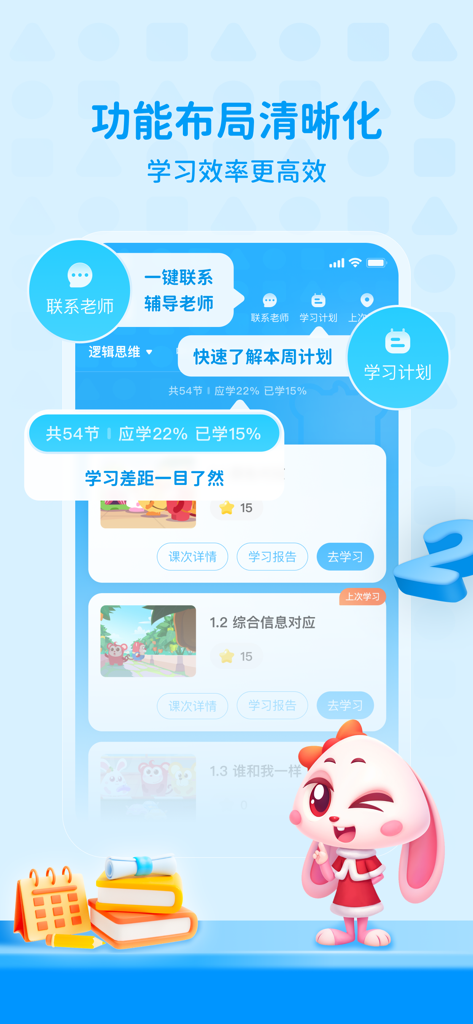 小火花-早教启蒙内容平台 - Dashboard of the Little Spark educational app showing the learning plan, progress tracking, and teacher contact features.