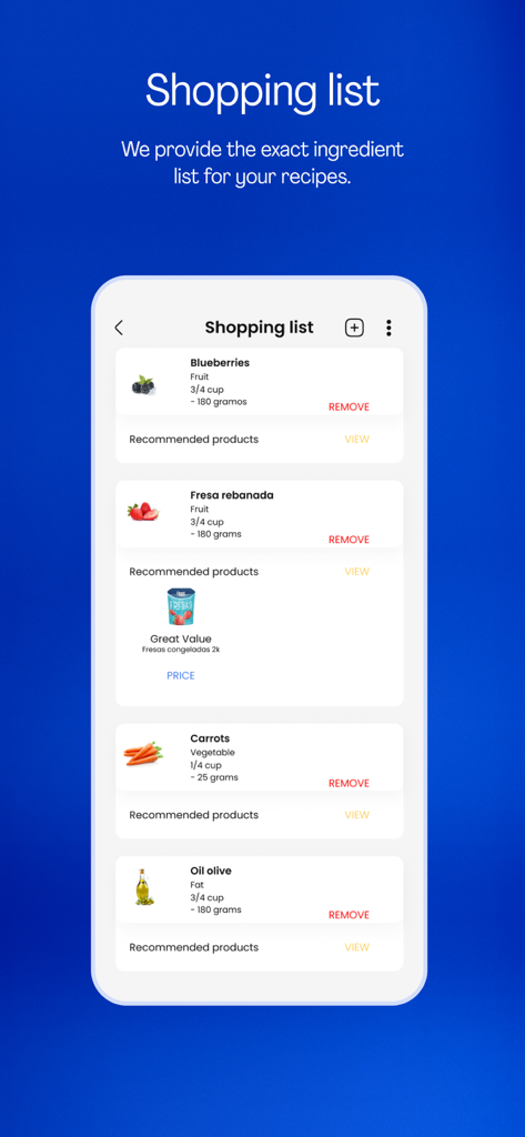 Avena Health app interface showing a personalized shopping list with ingredients and recommended products