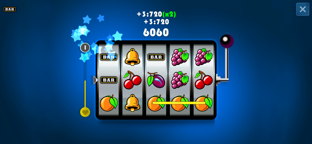 Frutakia 2 (4K) - Frutakia 2 gameplay showing fruit symbols on a slot machine interface with a match of three oranges