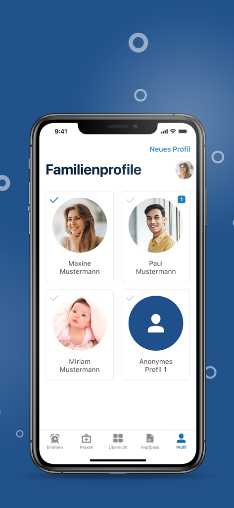 impf.app - Interfaz de la aplicación móvil de impf.app que muestra múltiples perfiles de vacunación familiar, incluidos padres y un bebé