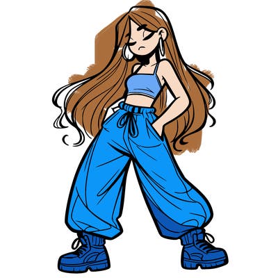girl in baggy pants crop top and long hair