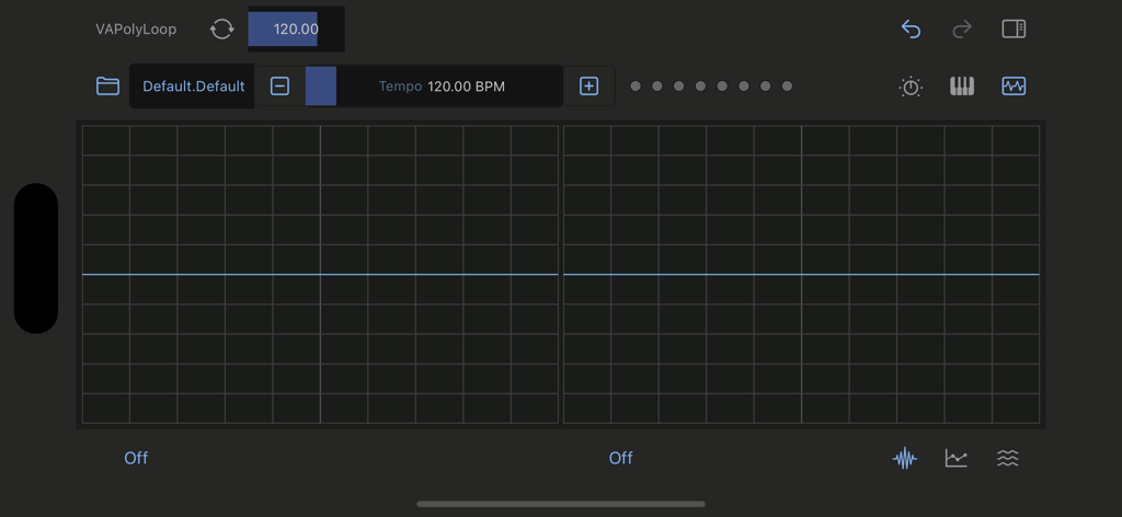 VAPolyLoop - Interfaz de usuario de la aplicación VAPolyLoop que muestra una cuadrícula de secuenciador por pasos de estilo analógico y controles de producción musical