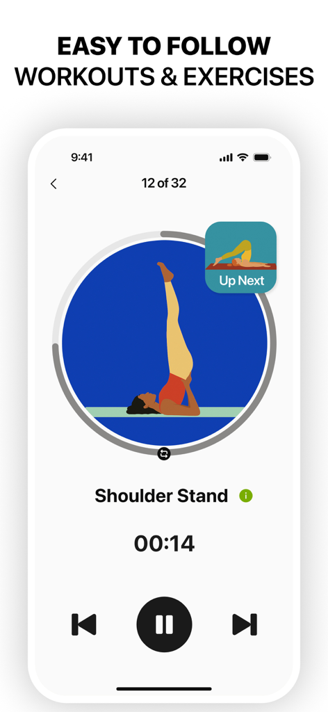 Flexy: Stretch & Flexibility - A mobile app interface showing a guided shoulder stand exercise with a timer and playback controls.